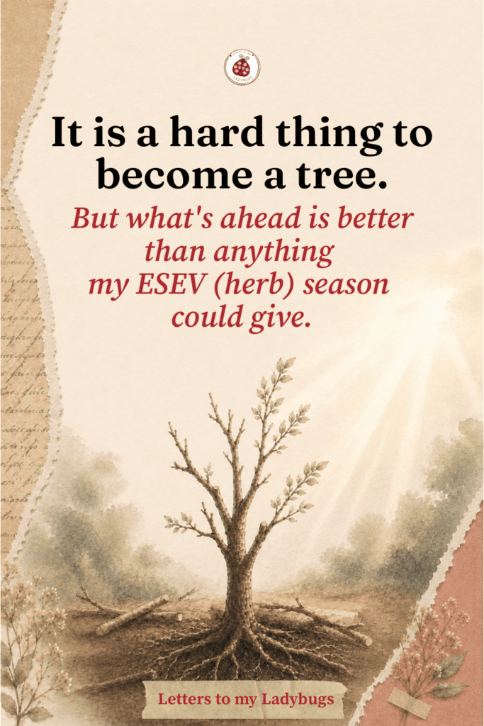 Watercolor illustration of a young tree with roots in dark soil and pruned branches beside new leaves — cover image for Learning to Create God's Way: Day 3, Part 2